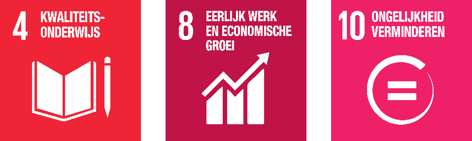 Global Goal 4: Kwaliteitsonderwijs, Global Goal 8: Eerlijk werk en economische groei en Global Goal 10: Ongelijkheid verminderen