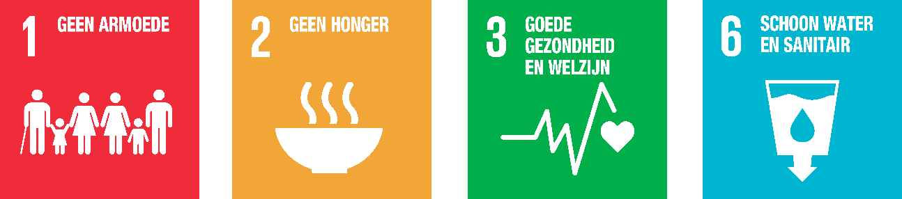 Global Goal 1: Geen armoede, Global Goal 2: Geen honger, Global Goal 3: Goede gezondheid en welzijn en Global Goal 6: Schoon water en sanitair